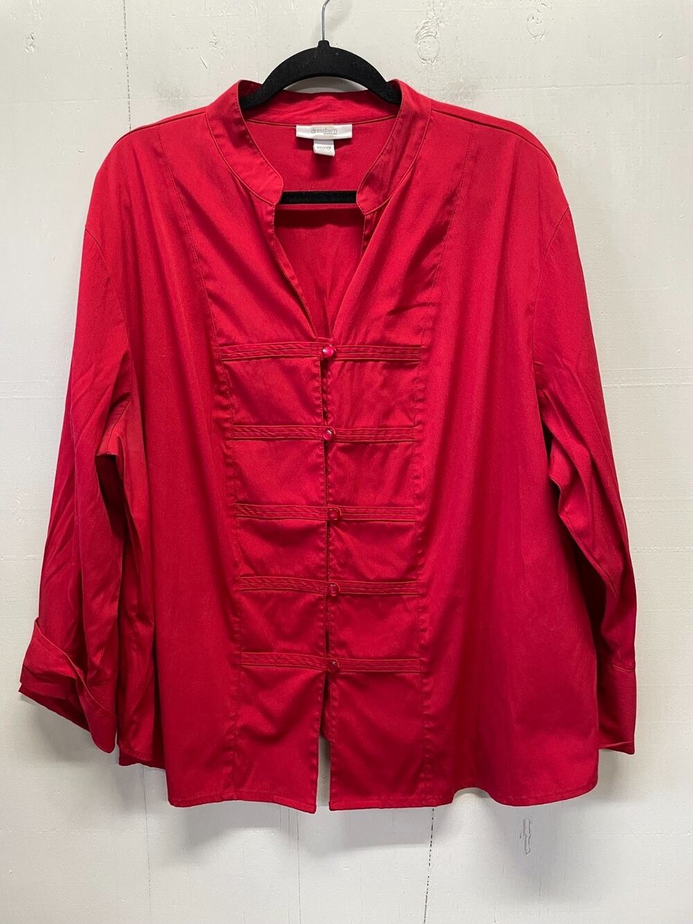 Dress Barn Women's Red 3/4 Sleeve Asian-Style Mandarin Button Up Blouse 22/24W